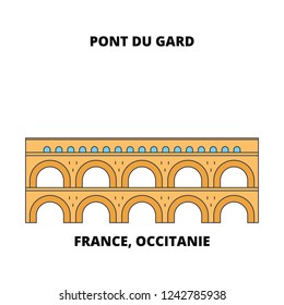 France, Occitanie - Pont Du Gard (Roman Aqueduct) line travel landmark, skyline, vector design. France, Occitanie - Pont Du Gard (Roman Aqueduct) linear illustration. 