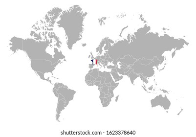 France on detailed world map. With overlay France flag. The location of the country of France on the world map.