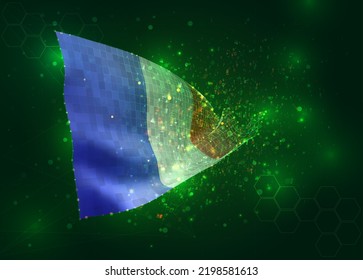 France, on vector 3d flag on green background with polygons and data numbers