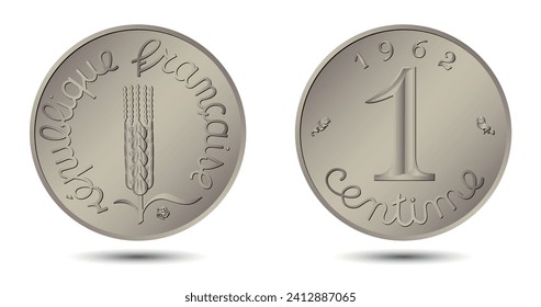 Moneda de un centímetro en Francia. Moneda de un centímetro al revés y al revés de Francia. Francia tiene una moneda de un centímetro invertida y una moneda invertida sobre un fondo blanco aislado. Ilustración vectorial.