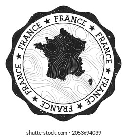 France outdoor stamp. Round sticker with map of country with topographic isolines. Vector illustration. Can be used as insignia, logotype, label, sticker or badge of the France.