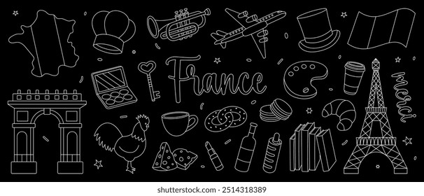 France outline set. Travel to France illustration. French national doodle elements. Hand drawn elements for vacation card or print postcard.