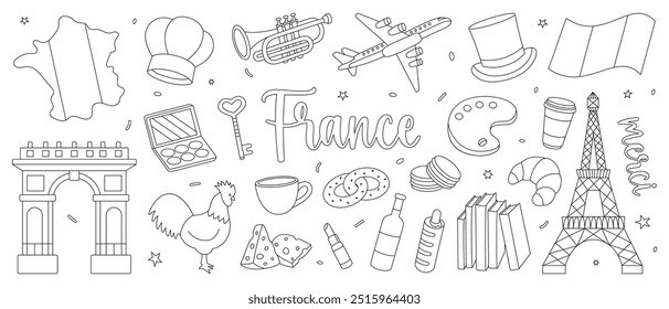 France outline set. Travel to France illustration. French linear symbols. Hand drawn elements for vacation card or print postcard. Vector illustration