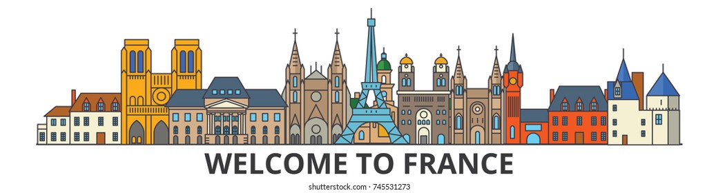 France outline skyline, french flat thin line icons, landmarks, illustrations. France cityscape, french travel city vector banner. Urban silhouette