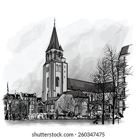 France, Paris, Ancient Church Saint Germain Des Pres - Vector Illustration

