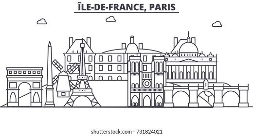 France, Paris architecture line skyline illustration. Linear vector cityscape with famous landmarks, city sights, design icons. Landscape wtih editable strokes