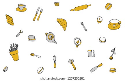 France Paris cafe icons set in doodle style. For print, web and brand design