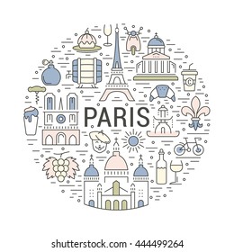 France and Paris City concept. Symbols isolated on background. Web banner with scooter, wine, architecture, cycle, and culture thing. France illustration. Paris vector label. Vector emblem Paris.