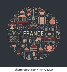 France and Paris City concept. Symbols isolated on background. Web banner with scooter, wine, architecture, cycle, and culture thing. France illustration. vector label. Vector emblem 