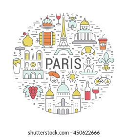 France and Paris City concept. Symbols isolated on background. Web banner with scooter, wine, architecture, cycle, and culture thing. Vector label or emblem.