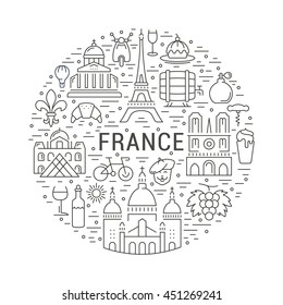 France and Paris City concept. Symbols isolated on background. Web banner with scooter, wine, architecture, cycle, and culture thing. Vector label or emblem.