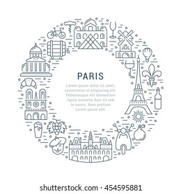 France and Paris City concept. Symbols isolated on background. Web banner with scooter, wine, architecture, cycle, and culture thing. Vector label or emblem.