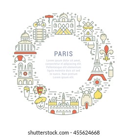 France and Paris City concept. Symbols isolated on background. Web banner with scooter, wine, architecture, cycle, and culture thing. Vector label or emblem.