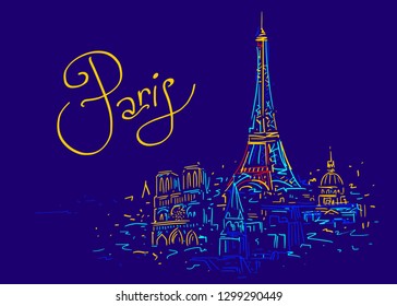 France. Paris city symbol. Eiffel Tower hand drawn sketch. Color vector illustration in abstract style. Travel poster with famous landmarks