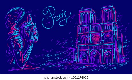 France. Paris city symbols Notre Dame de Paris and gargoyle. Hand drawn sketch. Color vector illustration in abstract style. Travel poster with famous landmarks