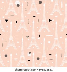 France. Paris. Cute vector seamless pattern with eiffel towers and geometric details. All elements are  hidden under mask. Pattern are not cropped and can be edited