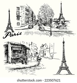 France, Paris - Eiffel tower - hand drawn set