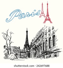 France, Paris - Eiffel tower - hand drawn set