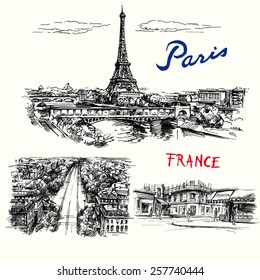 France, Paris, Eiffel tower - hand drawn vector collection 