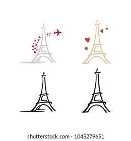 France Paris Eiffel Tower with Heart Love Plane Aircraft for Honeymoon Romantic Vacation Travel Logo design inspiration