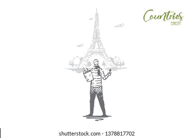 France, Paris, Eiffel, tower, man, baguette concept. Hand drawn Paris and Eiffel tower, symbols of France concept sketch. Isolated vector illustration.