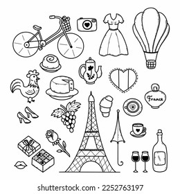 France and Paris. Eiffel Tower. Set of icons. Vector doodle illustration. Hand drawn collection.