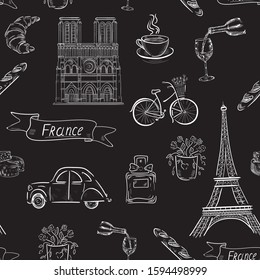 France , paris, fashion , travel vector white seamless pattern on black background. Concept for print, web design, textile , cards 
