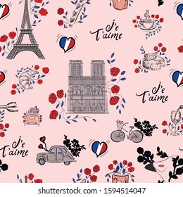 France, paris, fashion , travel vector seamless pattern on pink background . Concept for print, label, card , textile 