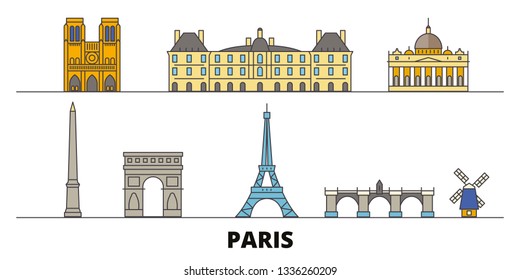 France, Paris flat landmarks vector illustration. France, Paris line city with famous travel sights, skyline, design. 