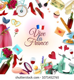 France paris frame background with french landmarks including eiffel tower, food, perfume and cosmetics vector illustration