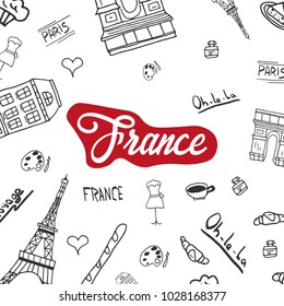 France and Paris Hand drawn travel doodles. Vector illustration