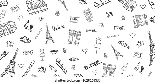 France and Paris Hand drawn travel doodles. Vector illustration