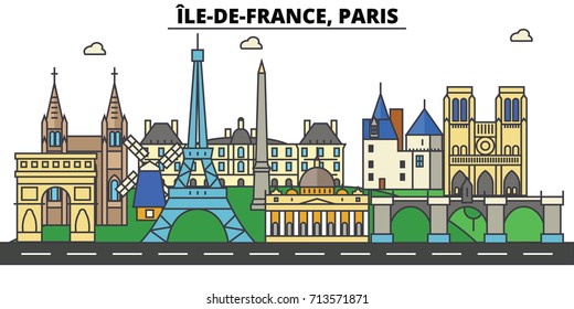 France, Paris, Ile De France . City skyline: architecture, buildings, streets, silhouette, landscape, panorama, landmarks. Editable strokes. Flat design line vector illustration concept