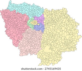 France Paris region Vector map with Communes by 8 Departments