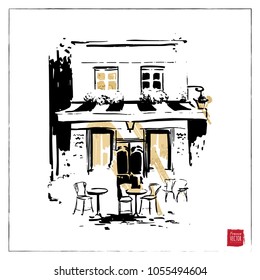 France, Paris restaurant vector black and white ink with gold glitter illustration. Hand drawn urban sketch for greeting card design, poster template, fashion print.