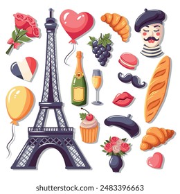 France, Paris. Set of landmarks and everything that represents this country. Vector. On a white background.