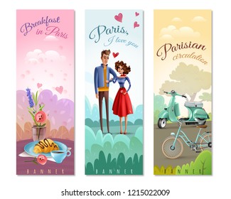 France paris set of vertical banners with coffee, croissant, eiffel tower, bicycle and scooter isolated vector illustration