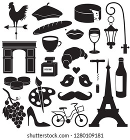 France, Paris symbols. Vector icon set on white background.