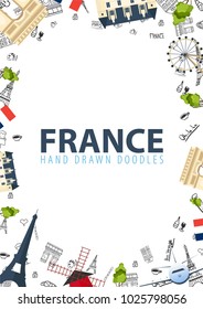 France and Paris travel banner. With flat and doodle elements. Doodles background. Vector illustration