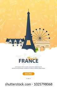 France and Paris travel banner. With flat and doodle elements. Doodles background. Vector illustration