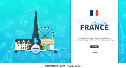 France and Paris travel banner. With flat and doodle elements. Doodles background. Vector illustration