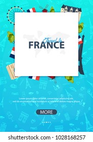 France and Paris travel banner. With flat and doodle elements. Doodles background. Vector illustration