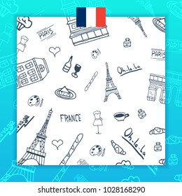 France and Paris travel banner. With flat and doodle elements. Doodles background. Vector illustration