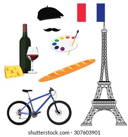 France and Paris travel concept. Flat icons eiffel tower with france flag, painter hat, paint palette with paint brush, bicycle, wine and cheese