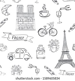 France, paris, travel, fashion , wine, hand drawn vector seamless pattern . Concept for print, web design, cards, invitation, textile