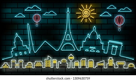 France and Paris Travel And Journey neon light background. Vector Design Template.used for your advertisement, book, banner, template, travel business or presentation.