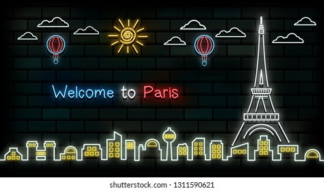 France and Paris Travel And Journey neon light background. Vector Design Template.used for your advertisement, book, banner, template, travel business or presentation.