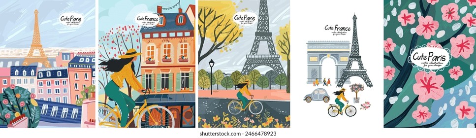 France and Paris. Travel.Vector cute illustrations of Eiffel tower, alleys, street, house, park, woman on bicycle, triumphal arch, alley, cherry or apple flowers on tree for card, poster or background