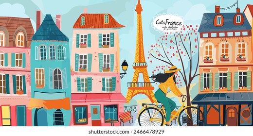 Francia y París. Travel.Vector lindas ilustraciones de la torre Eiffel, callejones, calle, casa, parque, mujer en bicicleta, arco triunfal, callejón, para tarjeta, póster, Anuncio o fondo