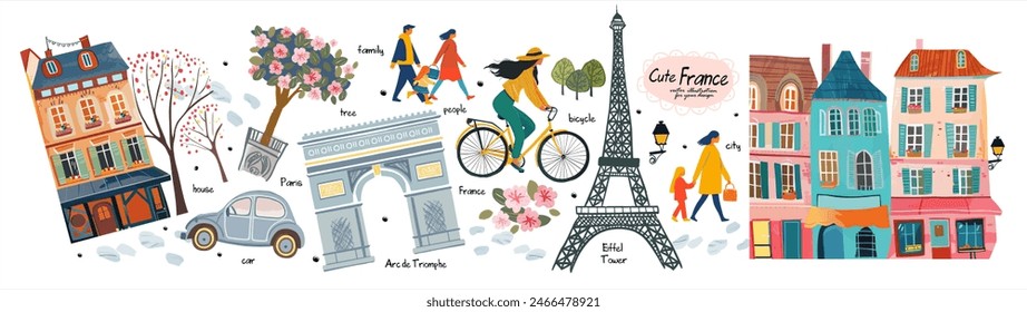 Francia y París. Vector lindas ilustraciones de la torre Eiffel, callejones, calle, casa, parque, mujer en bicicleta, arco triunfal, coche, personas, familia para tarjeta, cartel o fondo